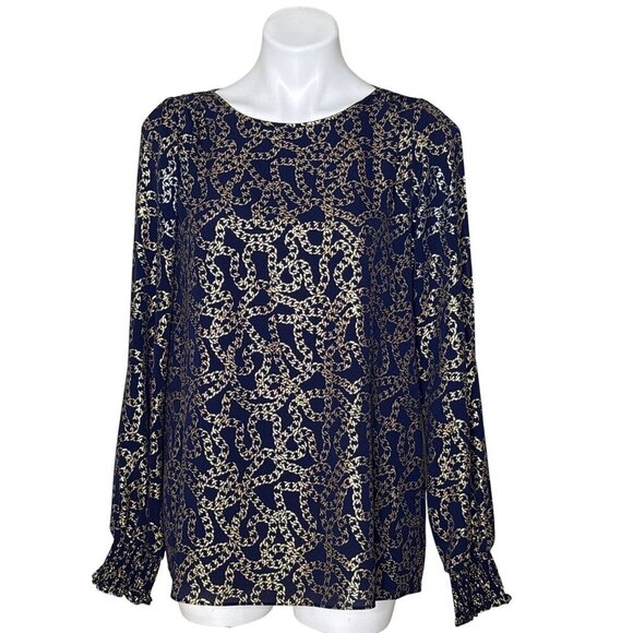 MICHAEL Michael Kors Chain Pattern Blouse, Navy Gold Slit Sleeves Women's Size L - Picture 1 of 10
